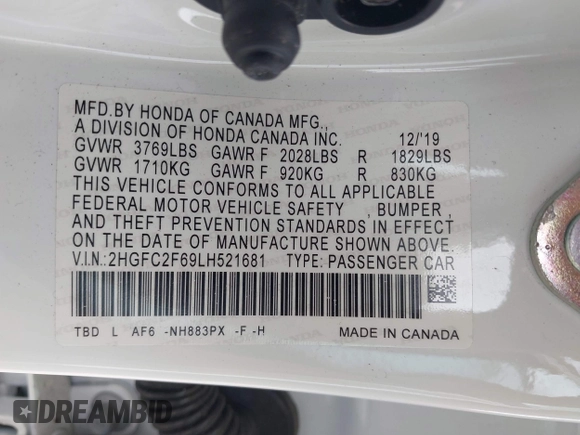 2020 Honda Civic LX with VIN 2HGFC2F69LH521681, listed as a IAAI auction lot 41664332 with 37,038 mi miles and . Bid and sale history available at DreamBid. Image 9.