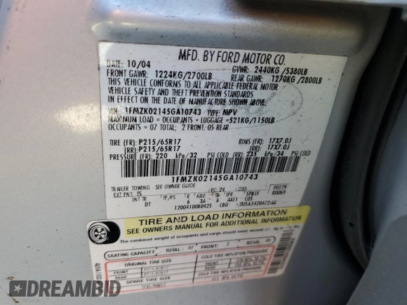 2005 Ford Freestyle SEL with VIN 1FMZK02145GA10743, listed as a Copart auction lot 83036634 with 166,169 mi miles and Salvage Title. Bid and sale history available at carsss.com. Image 12.