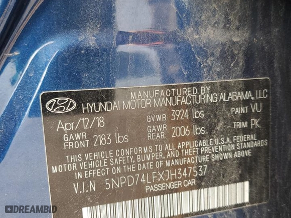 2018 Hyundai Elantra SE with VIN 5NPD74LFXJH347537, listed as a Copart auction lot 50220045 with 0 mi miles and Salvage Title. Bid and sale history available at carsss.com. Image 13.