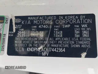 2018 Kia Sportage EX with VIN KNDPNCAC6J7442364, listed as a IAAI auction lot 42012509 with 217,245 mi miles and . Bid and sale history available at DreamBid. Image 9.