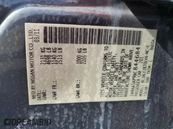 2011 Nissan Maxima SV with VIN 1N4AA5AP9BC844684, listed as a Copart auction lot 57942125 with 117,688 mi miles and Salvage title. Bid and sale history available at DreamBid. Image 12.