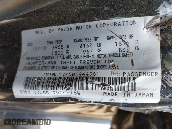 2011 Mazda 3 i Touring z VIN JM1BL1VF5B1444961, wystawiony jako IAAI lot #42047855 z przebiegiem 156 037 mil mil oraz . Historia ofert i sprzedaży dostępna na DreamBid. Obrazek 9.