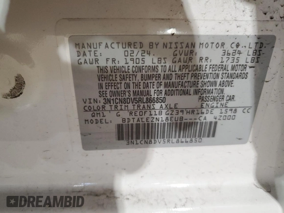 2024 Nissan Versa S with VIN 3N1CN8DV5RL866850, listed as a Copart auction lot 52951465 with 14,038 mi miles and Salvage Title. Bid and sale history available at DreamBid. Image 15.
