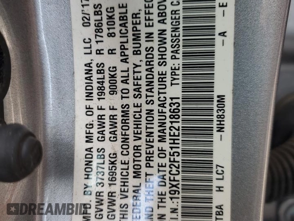 2017 Honda Civic Sedan LX with VIN 19XFC2F51HE218631, listed as a Copart auction lot 52105775 with 82,214 mi miles and Salvage Title. Bid and sale history available at carsss.com. Image 15.