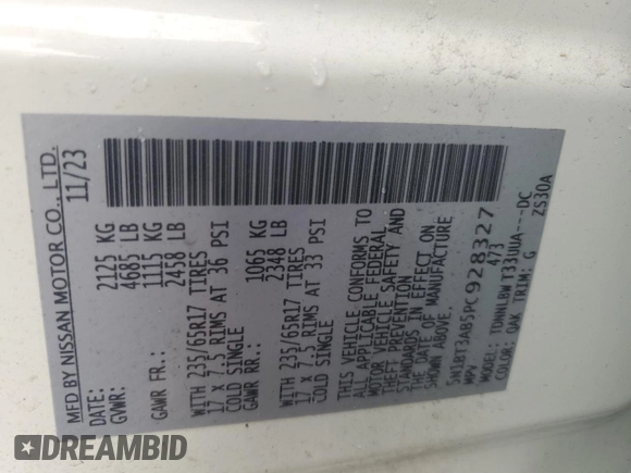 2023 Nissan Rogue S with VIN 5N1BT3AB5PC928327, listed as a Copart auction lot 55635015 with 15,159 mi miles and Salvage title. Bid and sale history available at DreamBid. Image 13.