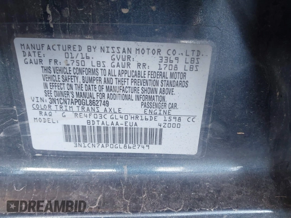 2016 Nissan Versa S with VIN 3N1CN7AP0GL862749, listed as a IAAI auction lot 42675959 with 83,524 mi miles and . Bid and sale history available at DreamBid. Image 9.