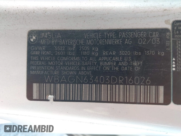 2003 BMW 7 Series 745Li with VIN WBAGN63403DR16026, listed as a IAAI auction lot 41140076 with Not Provided miles and . Bid and sale history available at DreamBid. Image 9.