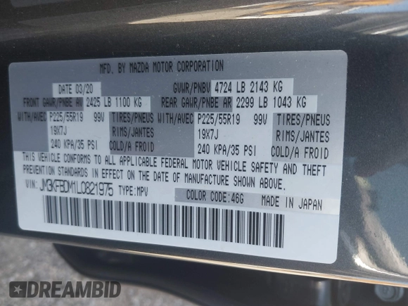 2020 Mazda CX-5 Grand Touring with VIN JM3KFBDM1L0821975, listed as a IAAI auction lot 40088794 with 68,895 mi miles and . Bid and sale history available at DreamBid. Image 9.
