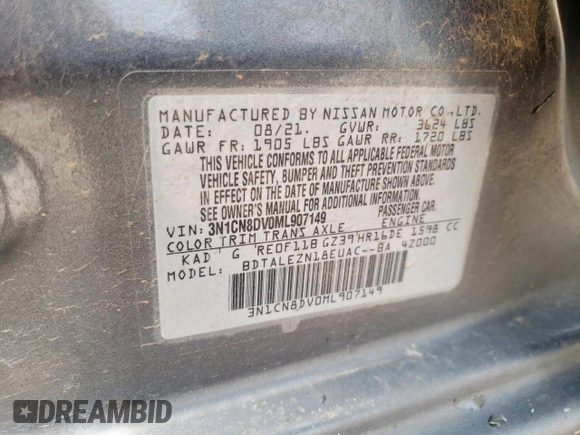 2021 Nissan Versa S with VIN 3N1CN8DV0ML907149, listed as a Copart auction lot 58723275 with 124,519 mi miles and Salvage title. Bid and sale history available at DreamBid. Image 12.