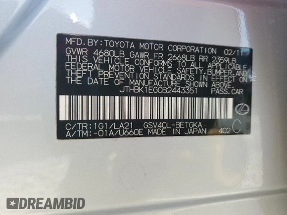 2011 Lexus ES with VIN JTHBK1EG0B2443351, listed as a Copart auction lot 51949665 with 147,117 mi miles and Salvage Title. Bid and sale history available at carsss.com. Image 12.
