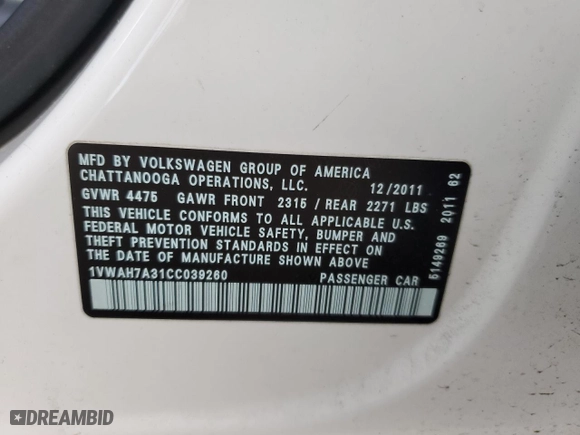 2012 Volkswagen Passat S w/Appearance with VIN 1VWAH7A31CC039260, listed as a Copart auction lot 47003745 with 91,441 mi miles and Salvage Title. Bid and sale history available at carsss.com. Image 14.