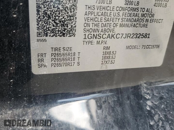2018 Chevrolet Tahoe LS with VIN 1GNSCAKC7JR232581, listed as a Copart auction lot 56174415 with Not provided miles and Salvage title. Bid and sale history available at DreamBid. Image 14.