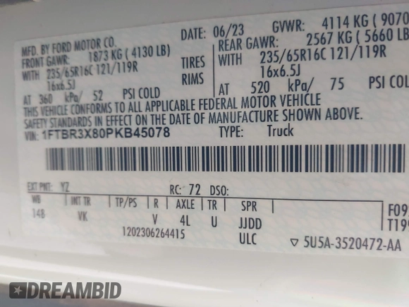 2023 Ford Transit Cargo с VIN 1FTBR3X80PKB45078, выставлен на аукционе IAAI как лот 41487801 с пробегом 39 060 миль миль и . История ставок и продаж доступна на DreamBid. Изображение 9.