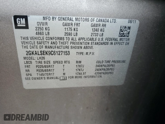 2012 GMC Terrain SLE-2 with VIN 2GKALSEK9C6127153, listed as a Copart auction lot 63987805 with 128,184 mi miles and Salvage title. Bid and sale history available at DreamBid. Image 12.