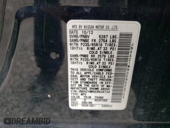 2014 Nissan Murano S with VIN JN8AZ1MW0EW504734, listed as a Copart auction lot 55821745 with 160,718 mi miles and Clean Title. Bid and sale history available at DreamBid. Image 13.