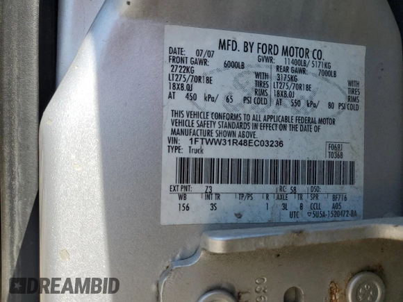 2008 Ford F-350 XL with VIN 1FTWW31R48EC03236, listed as a Copart auction lot 61588595 with 152,473 mi miles and Salvage title. Bid and sale history available at DreamBid. Image 12.