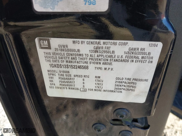 2005 GMC Envoy SLE with VIN 1GKDS13S152246568, listed as a IAAI auction lot 41293887 with 315,882 mi miles. Bid and sale history available at carsss.com. Image 9.