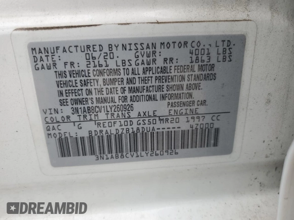 2020 Nissan Sentra SV z VIN 3N1AB8CV1LY260926, wystawiony jako Copart lot #60739035 z przebiegiem 93 580 mil mil oraz Szkoda całkowita • Salvage title. Historia ofert i sprzedaży dostępna na DreamBid. Obrazek 12.
