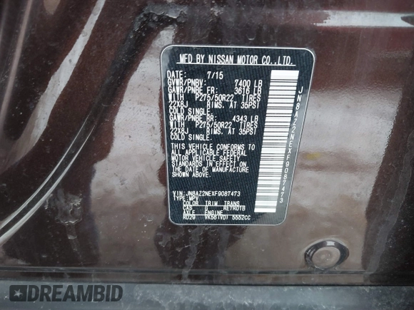 2015 Infiniti QX80 with VIN JN8AZ2NEXF9087473, listed as a IAAI auction lot 41282361 with Not provided miles and . Bid and sale history available at DreamBid. Image 9.