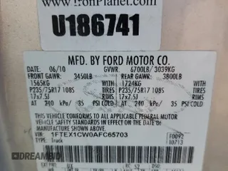 2010 Ford F-150 XL with VIN 1FTEX1CW0AFC65703, listed as a Copart auction lot 48744955 with 332,310 mi miles and Salvage Title. Bid and sale history available at carsss.com. Image 12.