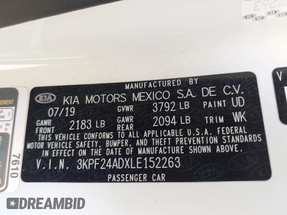 2020 Kia Forte LXS z VIN 3KPF24ADXLE152263, wystawiony jako IAAI lot #42218444 z przebiegiem 88 828 mil mil oraz . Historia ofert i sprzedaży dostępna na DreamBid. Obrazek 9.