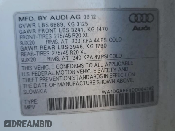 2013 Audi Q7 3.0T S line Prestige with VIN WA1DGAFE4DD004292, listed as a Copart auction lot 42227125 with 125,682 mi miles and Clean Title. Bid and sale history available at carsss.com. Image 14.