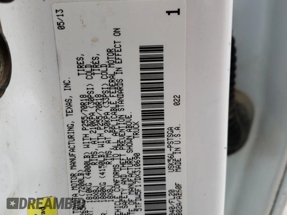 2013 Toyota Tundra 4WD Truck with VIN 5TFDW5F17DX310690, listed as a Copart auction lot 48848265 with 199,972 mi miles and Salvage Title. Bid and sale history available at carsss.com. Image 12.