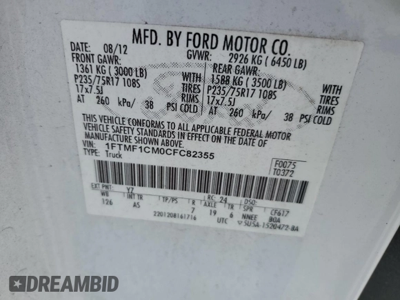 2012 Ford F-150 XL with VIN 1FTMF1CM0CFC82355, listed as a Copart auction lot 53418084 with 0 mi miles and Salvage Title. Bid and sale history available at carsss.com. Image 12.