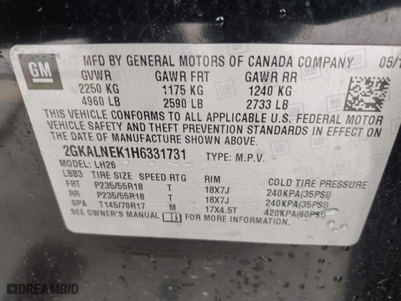 2017 GMC Terrain SLE with VIN 2GKALNEK1H6331731, listed as a IAAI auction lot 41630461 with 75,446 mi miles. Bid and sale history available at carsss.com. Image 9.