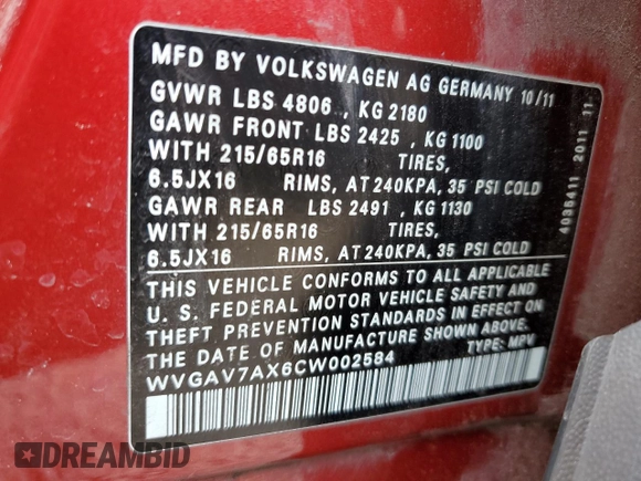 2012 Volkswagen Tiguan SE z VIN WVGAV7AX6CW002584, wystawiony jako Copart lot #56250235 z przebiegiem 153 220 mil mil oraz Szkoda całkowita • Salvage title. Historia ofert i sprzedaży dostępna na DreamBid. Obrazek 14.