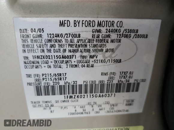 2005 Ford Freestyle SEL with VIN 1FMZK02115GA60371, listed as a Copart auction lot 85945304 with 193,679 mi miles and Non Repairable. Bid and sale history available at carsss.com. Image 13.