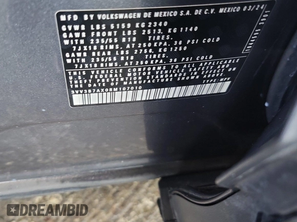 2024 Volkswagen Tiguan SE с VIN 3VV3B7AX0RM107010, выставлен на аукционе IAAI как лот 42889810 с пробегом 22 903 миль миль и . История ставок и продаж доступна на DreamBid. Изображение 3.