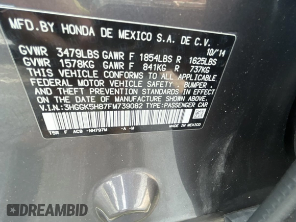 2015 Honda Fit EX-L with VIN 3HGGK5H87FM739082, listed as a Copart auction lot 52821515 with 89,278 mi miles and Clean Title. Bid and sale history available at carsss.com. Image 10.