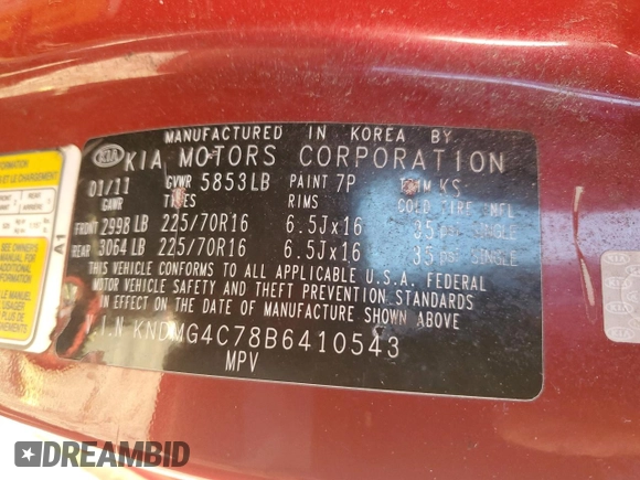 2011 Kia Sedona LX with VIN KNDMG4C78B6410543, listed as a Copart auction lot 73153064 with 149,751 mi miles and Non Repairable. Bid and sale history available at carsss.com. Image 13.