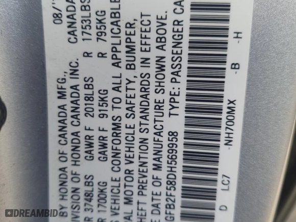 2013 Honda Civic Sdn LX with VIN 2HGFB2F58DH569958, listed as a Copart auction lot 52217725 with 62,921 mi miles and Salvage Title. Bid and sale history available at carsss.com. Image 14.