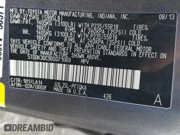 2013 Toyota Sienna XLE with VIN 5TDDK3DC9DS071069, listed as a Copart auction lot 51740015 with 170,277 mi miles and Salvage Title. Bid and sale history available at DreamBid. Image 14.