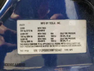 2021 Tesla Model Y Long Range with VIN 5YJYGDEEXMF192447, listed as a Copart auction lot 53550055 with 65,673 mi miles and Salvage Title. Bid and sale history available at DreamBid. Image 13.