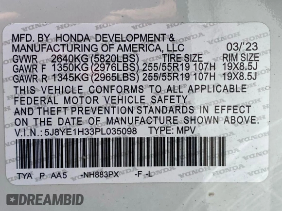 2023 Acura MDX with VIN 5J8YE1H33PL035098, listed as a Copart auction lot 62878405 with 6,638 mi miles and Clean title. Bid and sale history available at DreamBid. Image 10.