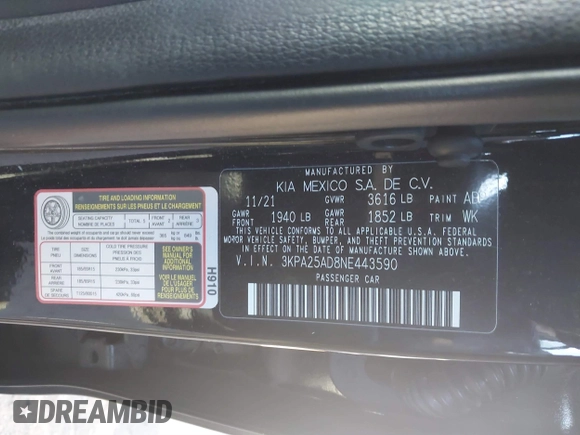 2022 Kia Rio S with VIN 3KPA25AD8NE443590, listed as a IAAI auction lot 41684325 with 73,231 mi miles and . Bid and sale history available at DreamBid. Image 9.