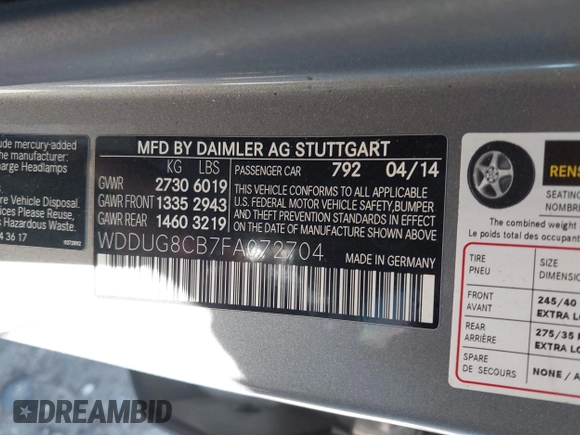 2015 Mercedes-Benz S-Class S 550 with VIN WDDUG8CB7FA072704, listed as a IAAI auction lot 41473437 with 1 mi miles. Bid and sale history available at carsss.com. Image 9.