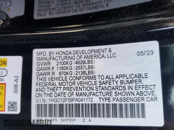 2023 Honda Accord Sport with VIN 1HGCY2F59PA041172, listed as a Copart auction lot 56835455 with 16,638 mi miles and Salvage title. Bid and sale history available at DreamBid. Image 13.
