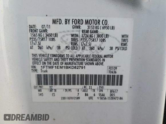 2011 Ford F-150 XL with VIN 1FTMF1EM1BKD82791, listed as a Copart auction lot 82148724 with 76,928 mi miles and Clean title. Bid and sale history available at DreamBid. Image 12.