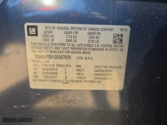 2016 GMC Terrain SLT with VIN 2GKALPEK1G6267975, listed as a Copart auction lot 52556975 with 111,252 mi miles and Salvage Title. Bid and sale history available at carsss.com. Image 10.