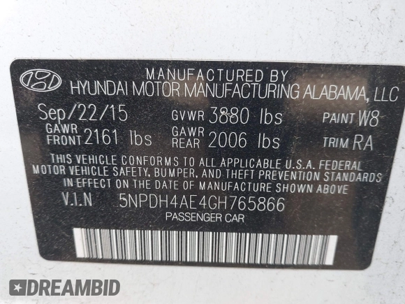 2016 Hyundai Elantra SE with VIN 5NPDH4AE4GH765866, listed as a IAAI auction lot 42376825 with Not provided miles and . Bid and sale history available at DreamBid. Image 9.