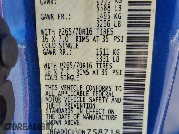 2013 Nissan Frontier SV with VIN 1N6AD0CU3DN758718, listed as a Copart auction lot 45734115 with 144,186 mi miles and Salvage title. Bid and sale history available at DreamBid. Image 14.