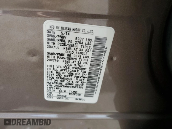 2014 Nissan Murano LE with VIN JN8AZ1MW8EW522351, listed as a Copart auction lot 70179194 with 134,683 mi miles and Salvage Title. Bid and sale history available at carsss.com. Image 15.