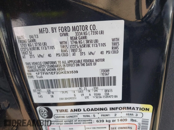 2013 Ford F-150 XL с VIN 1FTFW1EF2DKE93539, выставлен на аукционе IAAI как лот 42099079 с пробегом 212 032 миль миль и . История ставок и продаж доступна на DreamBid. Изображение 9.
