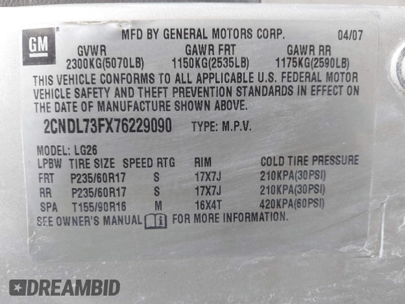 2007 Chevrolet Equinox LT with VIN 2CNDL73FX76229090, listed as a IAAI auction lot 41908024 with 216,461 mi miles. Bid and sale history available at carsss.com. Image 9.