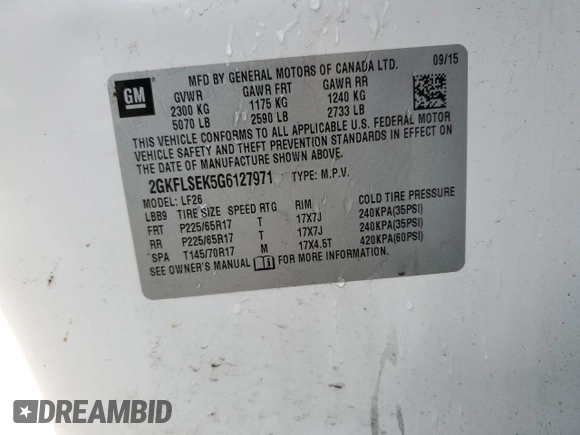 2016 GMC Terrain SLE with VIN 2GKFLSEK5G6127971, listed as a Copart auction lot 54164905 with 109,418 mi miles and Non Repairable. Bid and sale history available at DreamBid. Image 13.