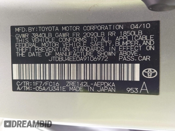 2010 Toyota Corolla with VIN JTDBU4EE0A9106972, listed as a IAAI auction lot 41896820 with 151,483 mi miles and . Bid and sale history available at DreamBid. Image 9.
